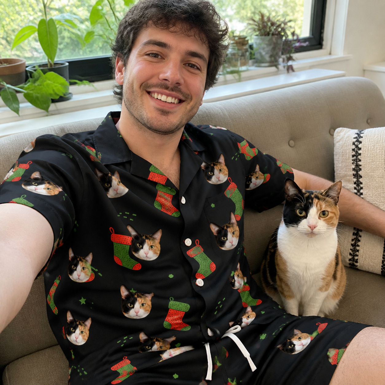 Selfie with the pet whose face is printed all over this Men's Stocking Stuffer Custom Cat Face Shirt & Shorts Set