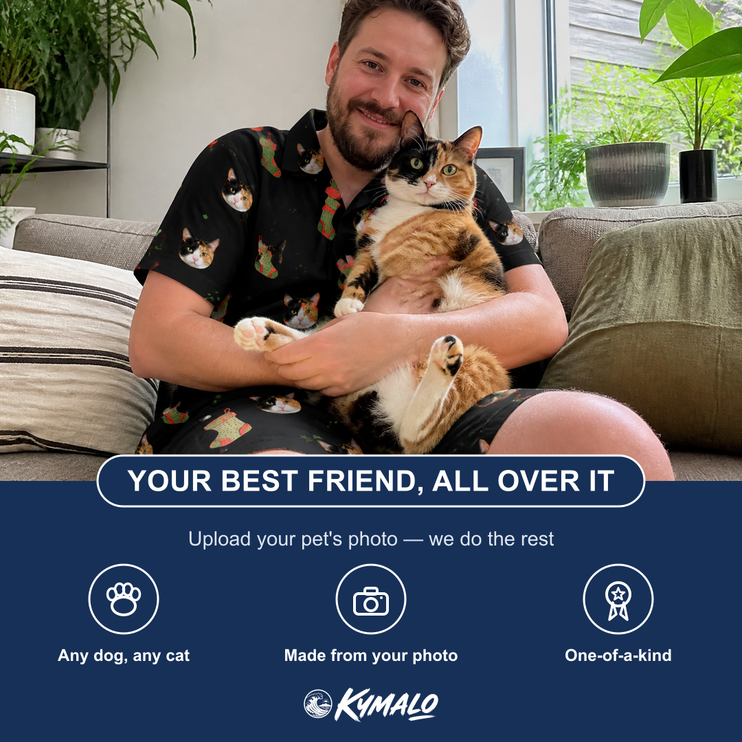 Friends in matching Men's Stocking Stuffer Custom Cat Face Shirt & Shorts Set — a group gift photo