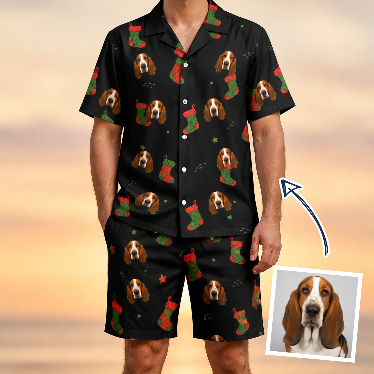 Man wearing Men's Stocking Stuffer Custom Dog Face Shirt & Shorts Set — custom faces printed all-over