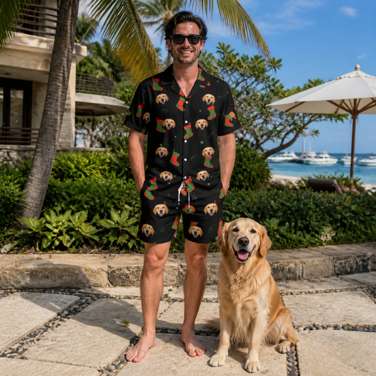 Full-length photo with the pet printed all over this Men's Stocking Stuffer Custom Dog Face Shirt & Shorts Set
