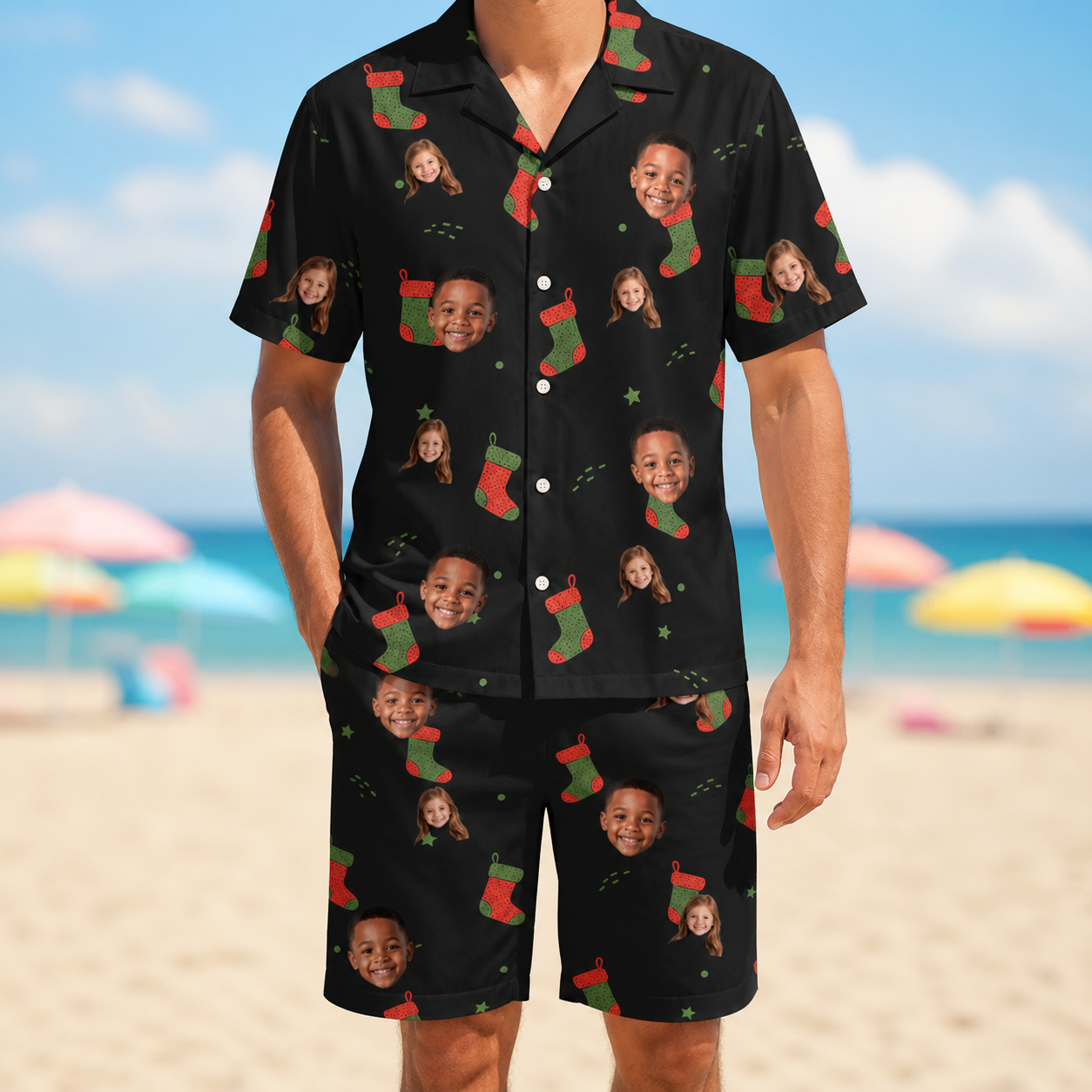 Model wearing Men's Stocking Stuffer Custom Face Shirt & Shorts Set printed with kids' faces
