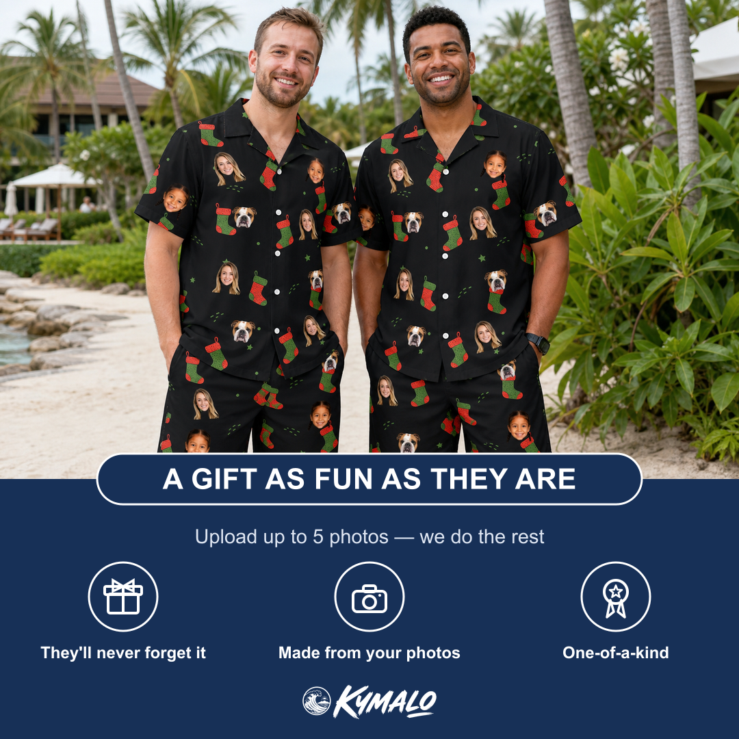 Friends in matching Men's Stocking Stuffer Custom Face Shirt & Shorts Set — a group gift photo