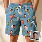 Man wearing Men's Glimmer Globes Custom Face Beach Shorts — custom faces printed all-over