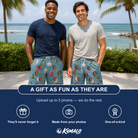 Friends in matching Men's Glimmer Globes Custom Face Beach Shorts — a group gift photo