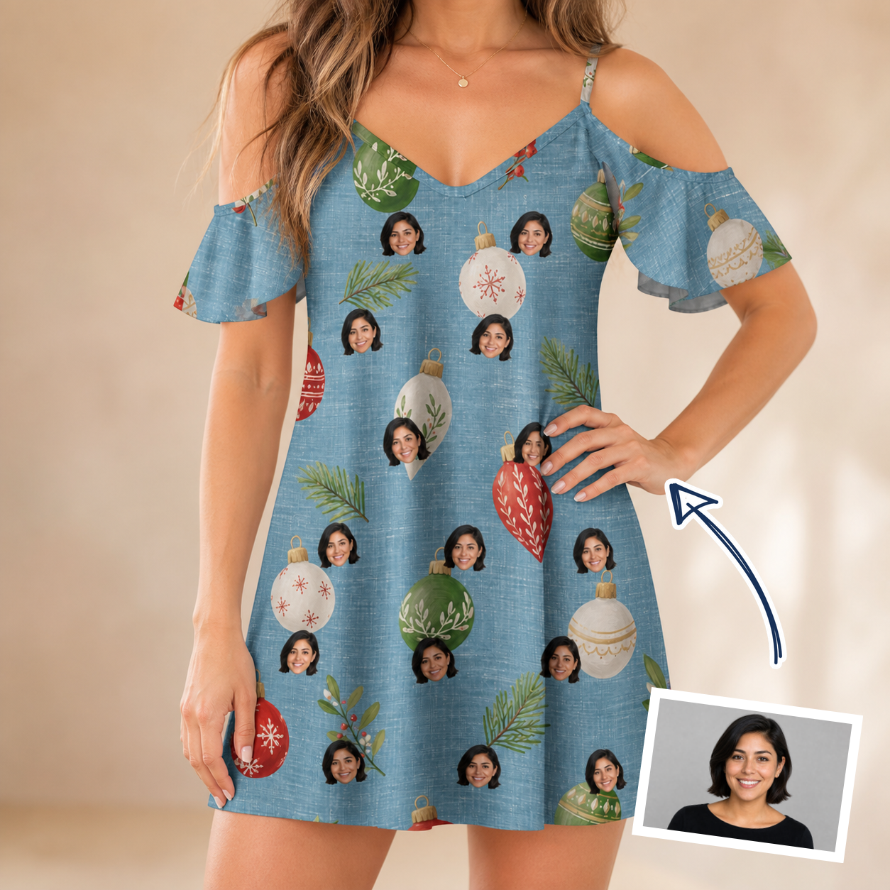 Woman wearing Women's Glimmer Globes Custom Face Off-Shoulder Dress — custom faces printed all-over