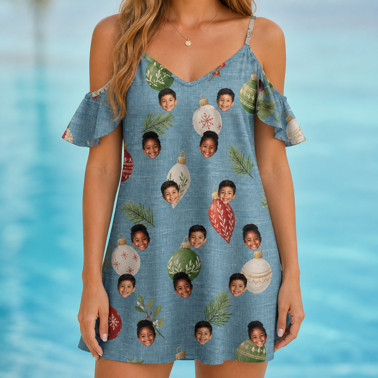 Model wearing Women's Glimmer Globes Custom Face Off-Shoulder Dress printed with kids' faces