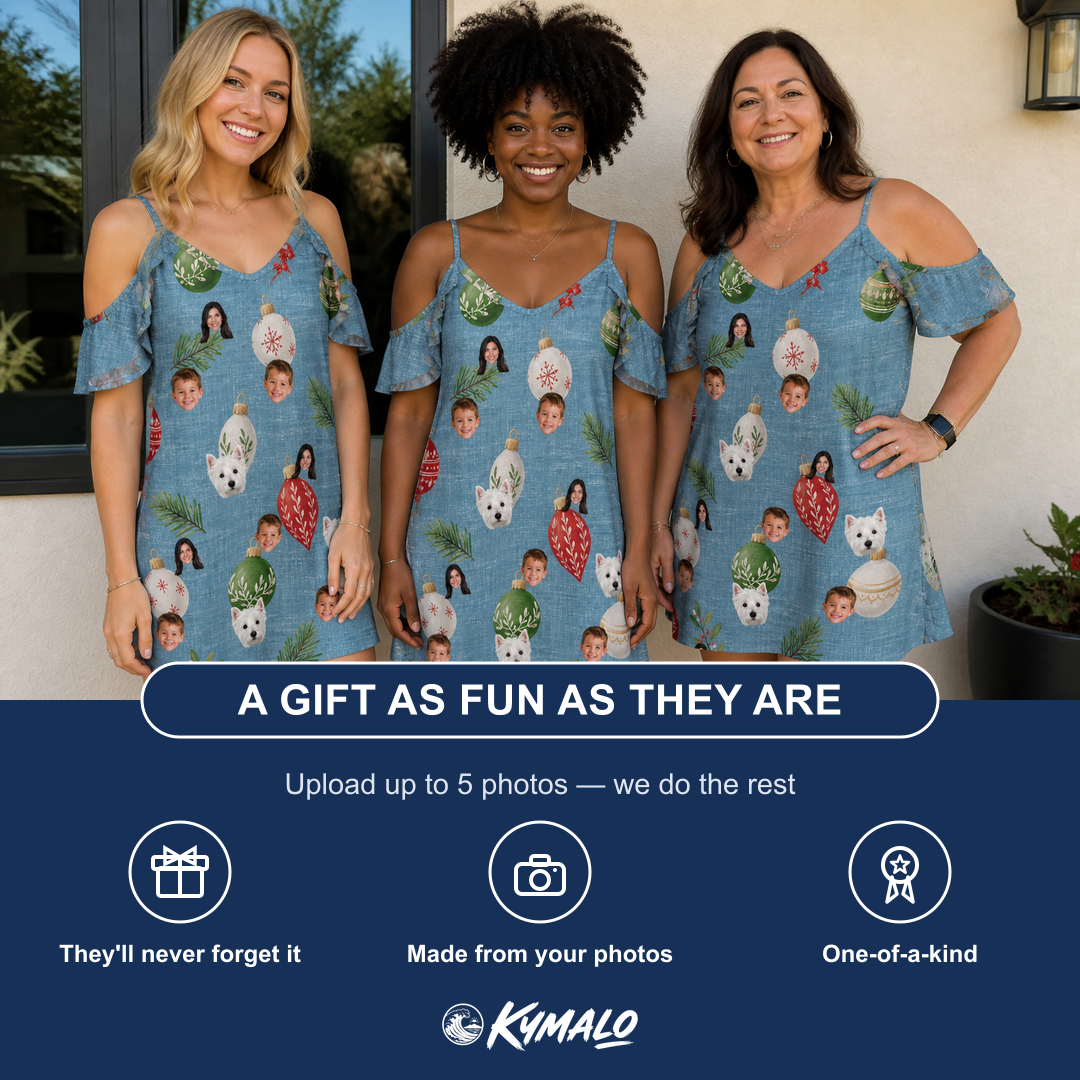Friends in matching Women's Glimmer Globes Custom Face Off-Shoulder Dress — a group gift photo