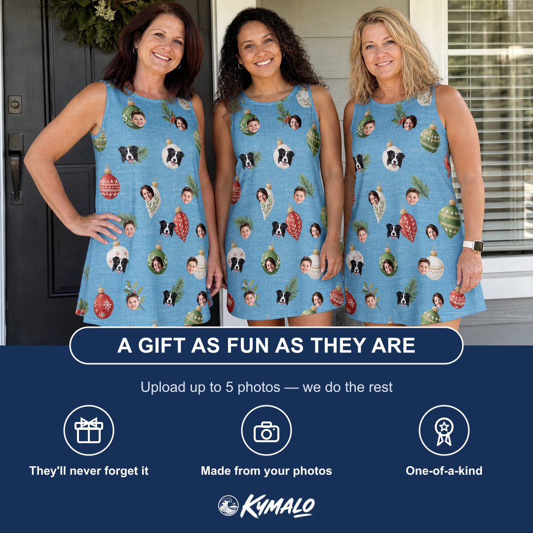 Friends in matching Women's Glimmer Globes Custom Face Tank Dress — a group gift photo