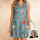 Woman wearing Women's Glimmer Globes Custom Face V-Neck Dress — custom faces printed all-over