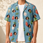Man wearing Men's Glimmer Globes Custom Face Hawaiian Shirt open over a white tee