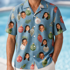 Model wearing Men's Glimmer Globes Custom Face Hawaiian Shirt printed with kids' faces