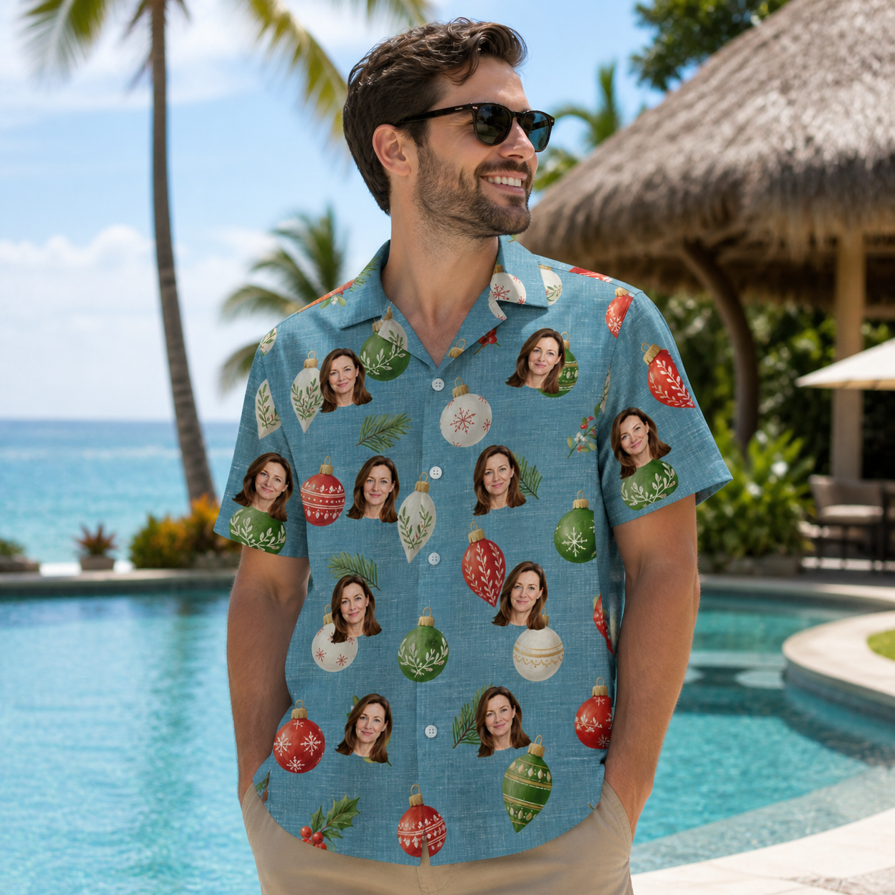 Real-life photo of someone wearing Men's Glimmer Globes Custom Face Hawaiian Shirt — custom faces printed all-over