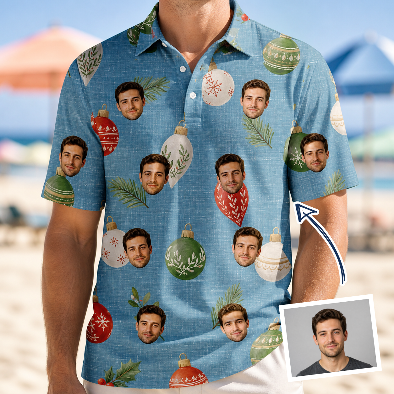 Man wearing Men's Glimmer Globes Custom Face Polo Shirt — custom faces printed all-over