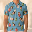 Model wearing Men's Glimmer Globes Custom Face Polo Shirt printed with kids' faces