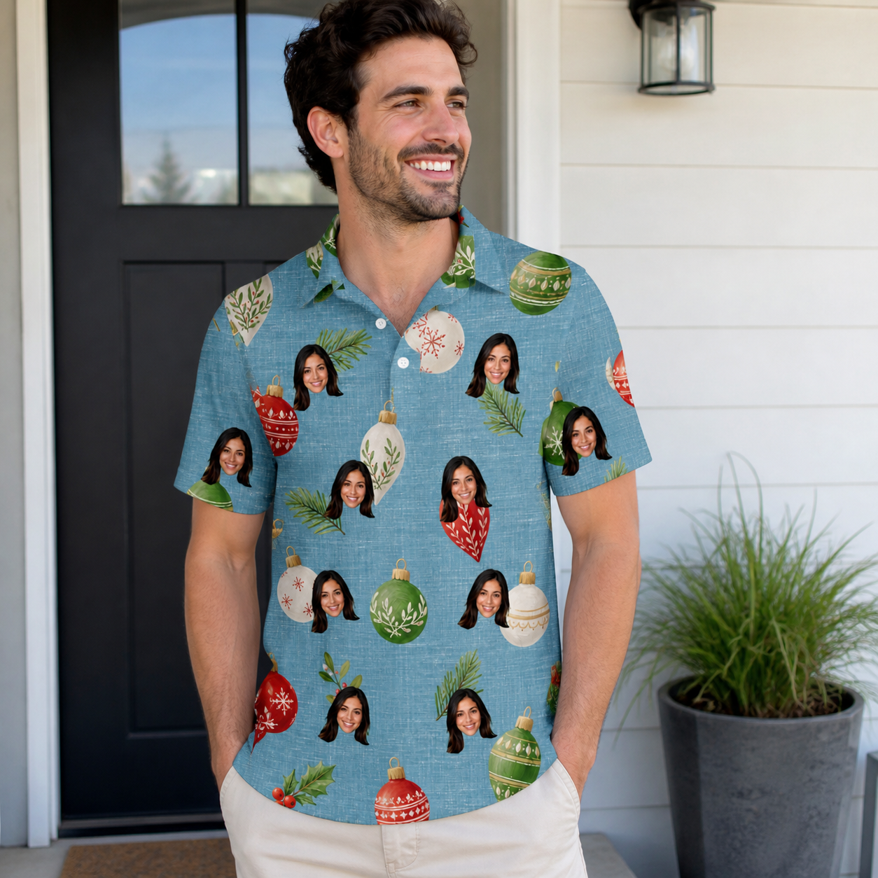 Real-life photo of someone wearing Men's Glimmer Globes Custom Face Polo Shirt — custom faces printed all-over