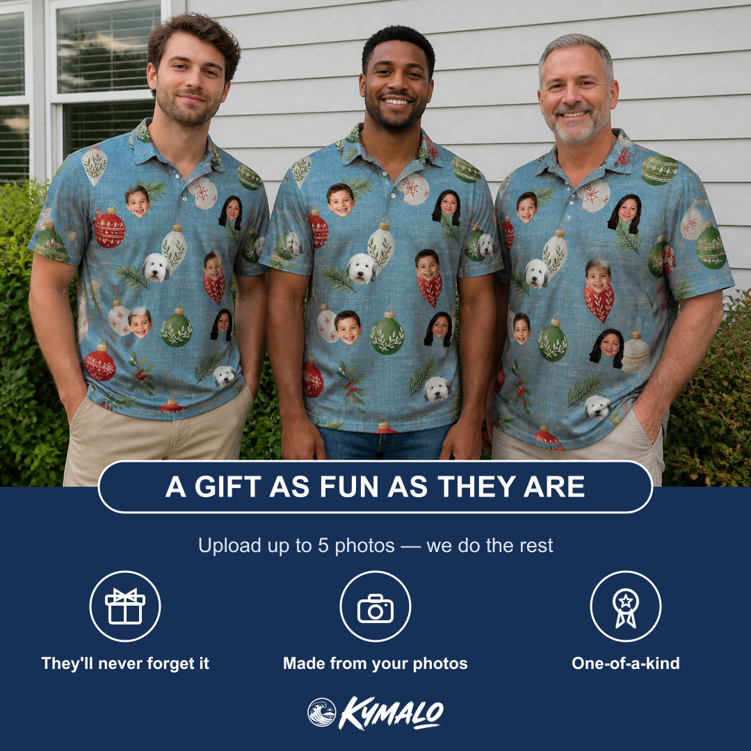 Friends in matching Men's Glimmer Globes Custom Face Polo Shirt — a group gift photo