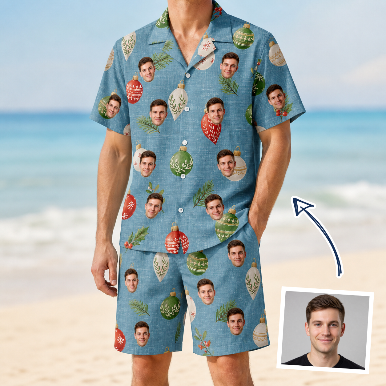 Man wearing Men's Glimmer Globes Custom Face Shirt & Shorts Set — custom faces printed all-over