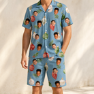 Model wearing Men's Glimmer Globes Custom Face Shirt & Shorts Set printed with kids' faces