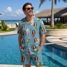 Real-life photo of someone wearing Men's Glimmer Globes Custom Face Shirt & Shorts Set — custom faces printed all-over