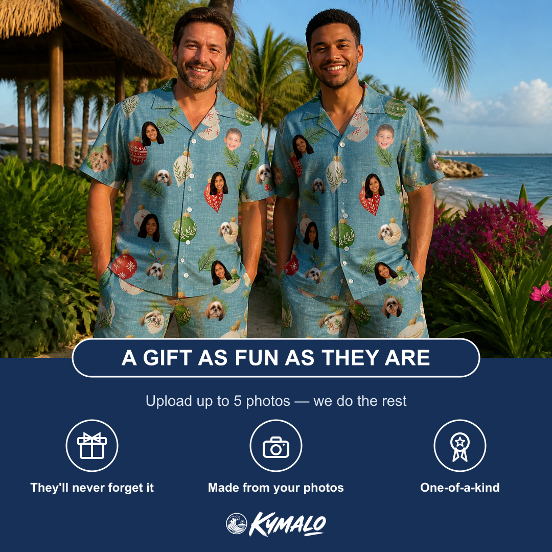 Friends in matching Men's Glimmer Globes Custom Face Shirt & Shorts Set — a group gift photo