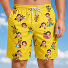 Model wearing Men's Antler Antics Custom Face Beach Shorts printed with kids' faces