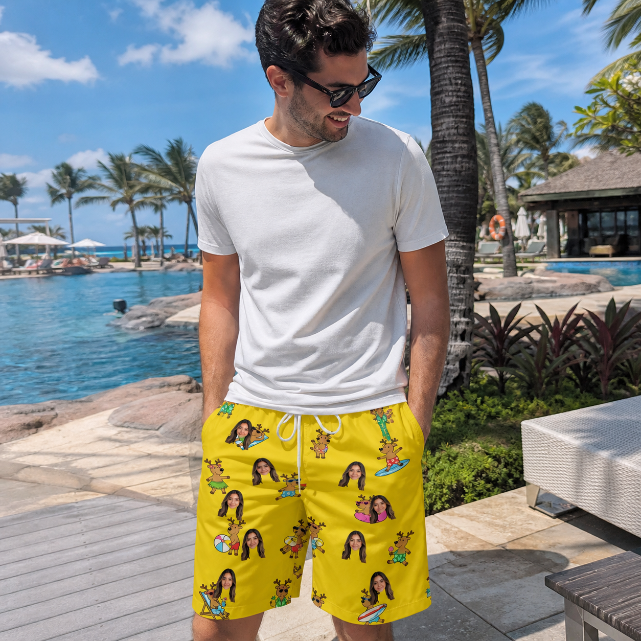 Real-life photo of someone wearing Men's Antler Antics Custom Face Beach Shorts — custom faces printed all-over