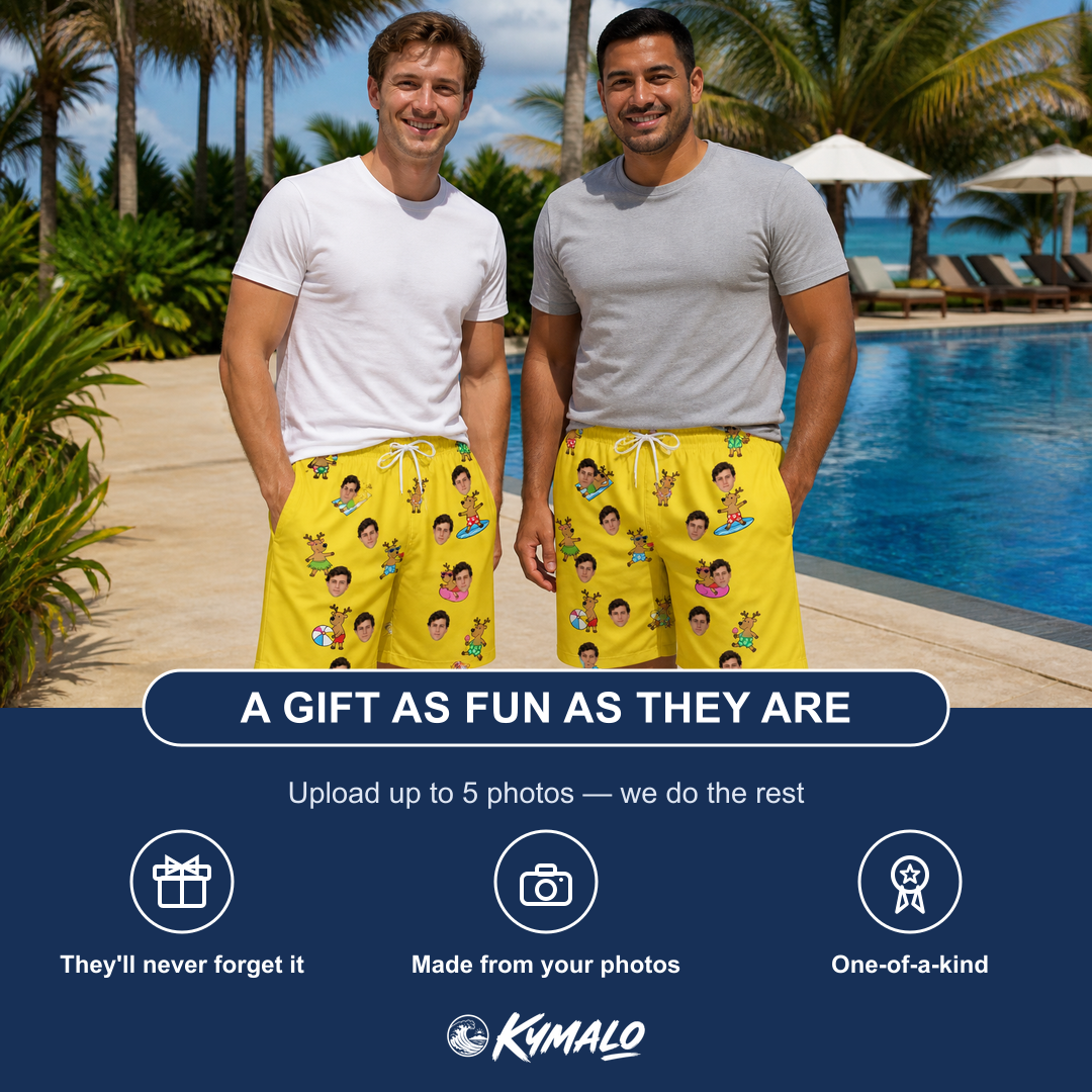 Friends in matching Men's Antler Antics Custom Face Beach Shorts — a group gift photo