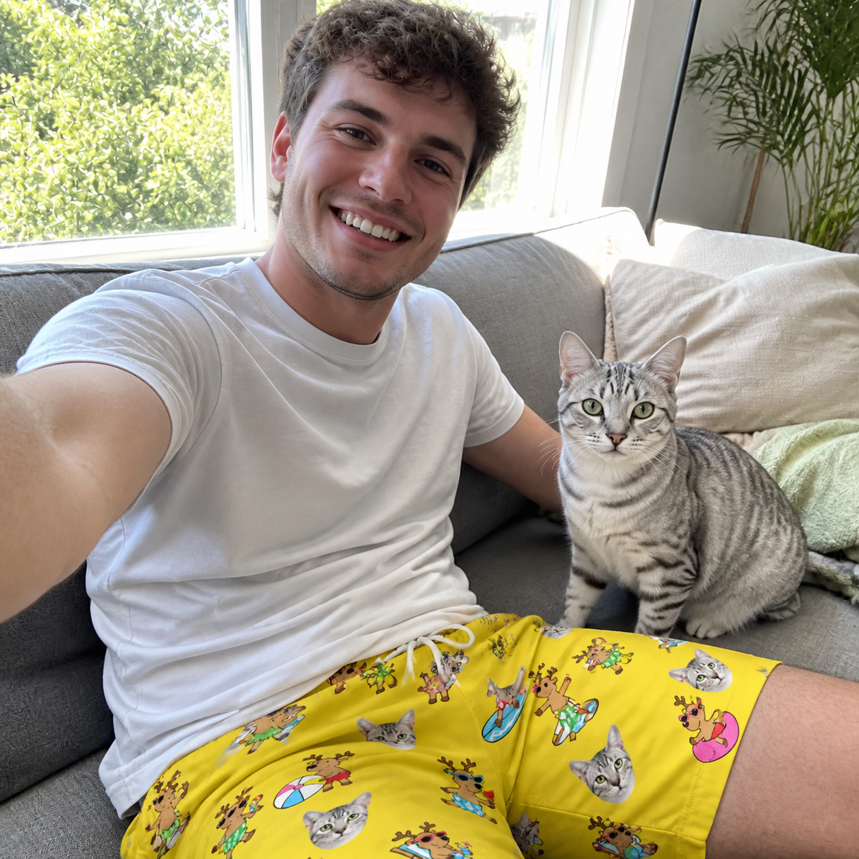 Selfie with the pet whose face is printed all over this Men's Antler Antics Custom Cat Face Beach Shorts