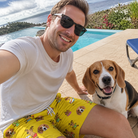 Selfie with the pet whose face is printed all over this Men's Antler Antics Custom Dog Face Beach Shorts