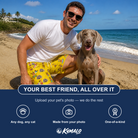 Friends in matching Men's Antler Antics Custom Dog Face Beach Shorts — a group gift photo