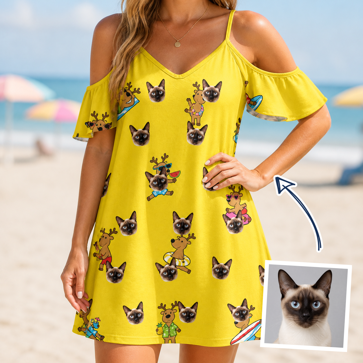 Woman wearing Women's Antler Antics Custom Cat Face Off-Shoulder Dress — custom faces printed all-over
