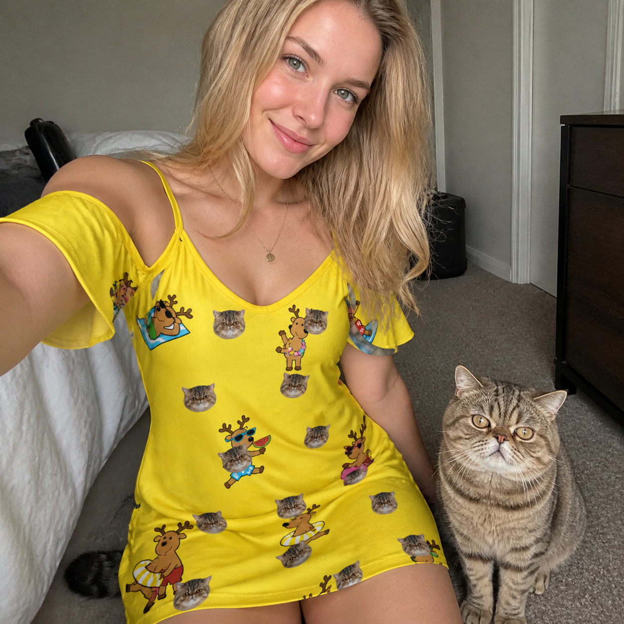 Selfie with the pet whose face is printed all over this Women's Antler Antics Custom Cat Face Off-Shoulder Dress