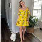 Full-length photo with the pet printed all over this Women's Antler Antics Custom Cat Face Off-Shoulder Dress