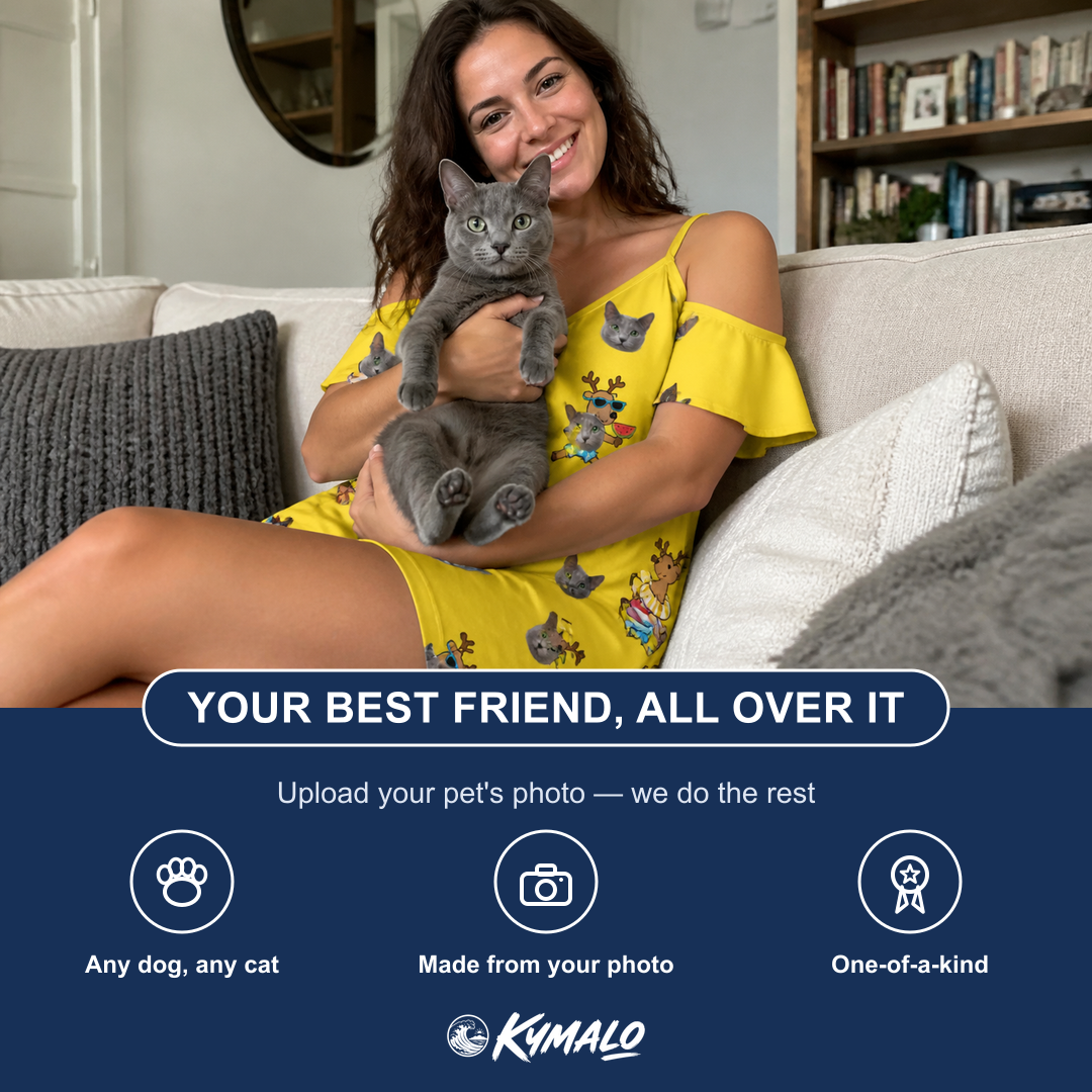 Friends in matching Women's Antler Antics Custom Cat Face Off-Shoulder Dress — a group gift photo