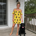 Full-length photo with the pet printed all over this Women's Antler Antics Custom Dog Face Off-Shoulder Dress