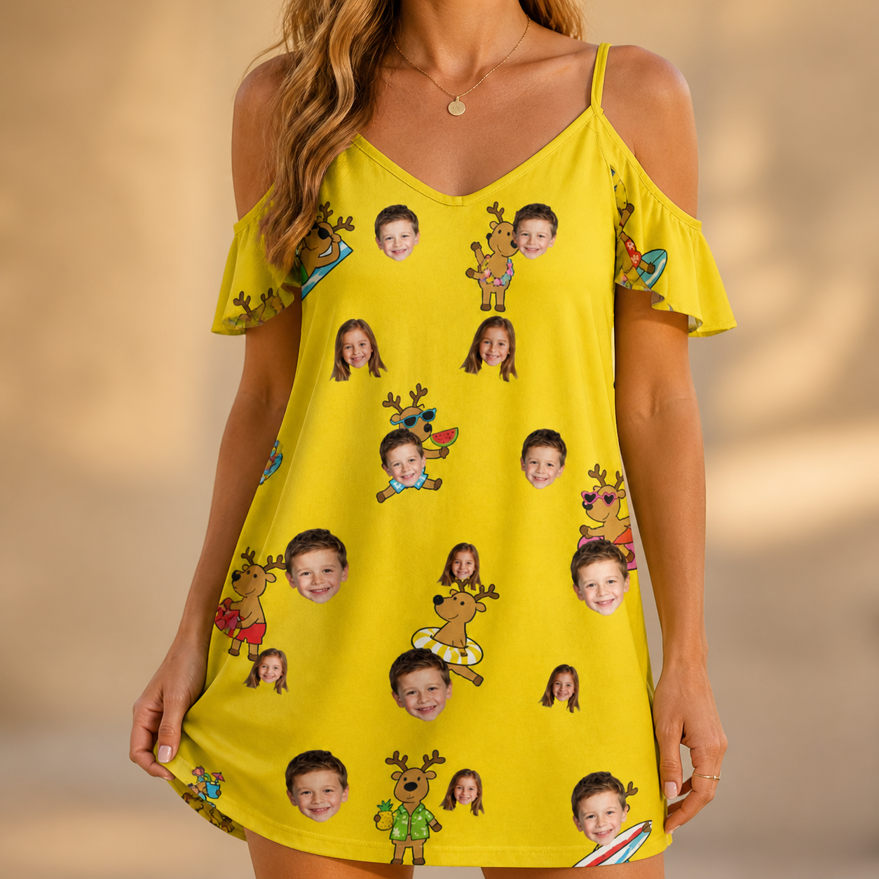 Model wearing Women's Antler Antics Custom Face Off-Shoulder Dress printed with kids' faces
