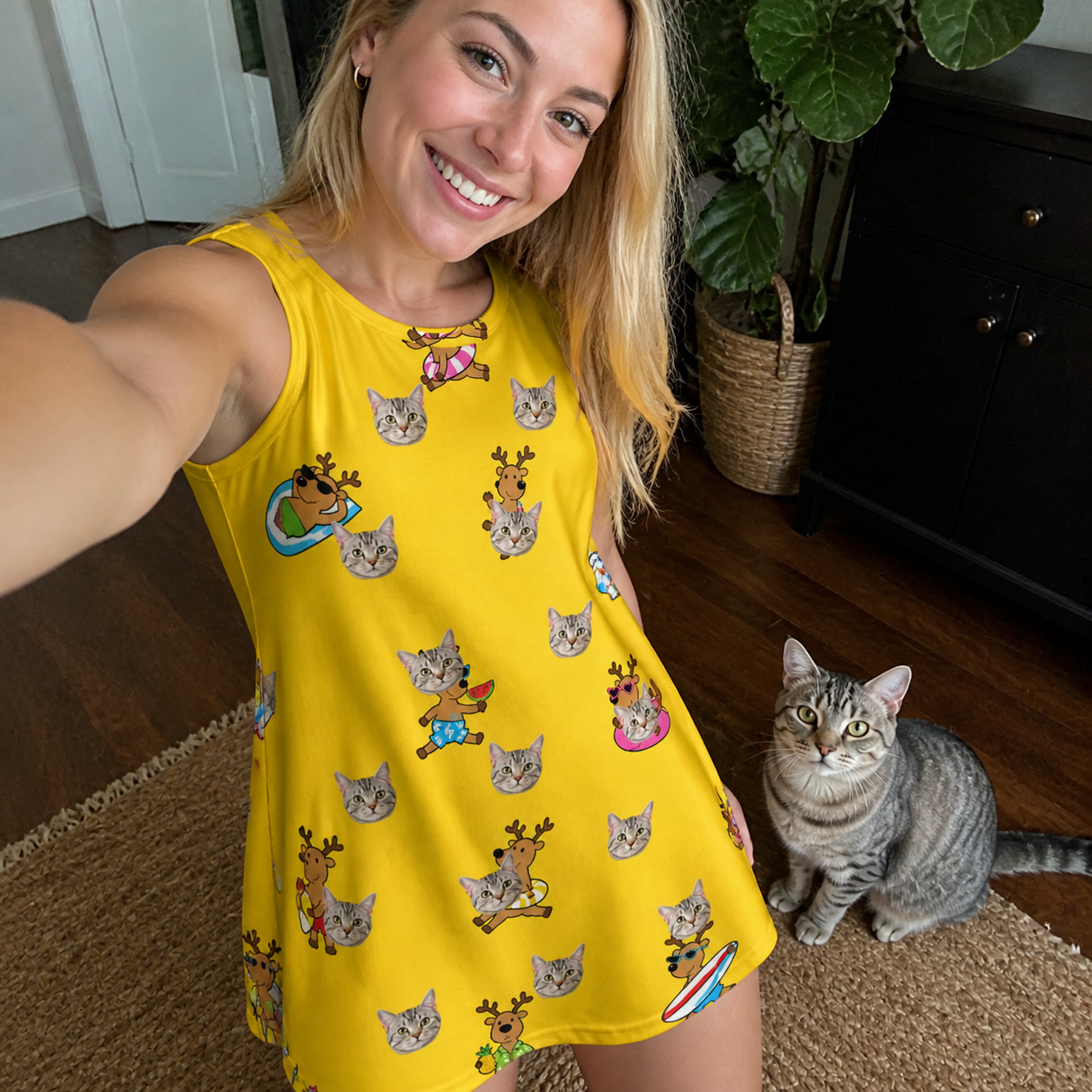 Selfie with the pet whose face is printed all over this Women's Antler Antics Custom Cat Face Tank Dress