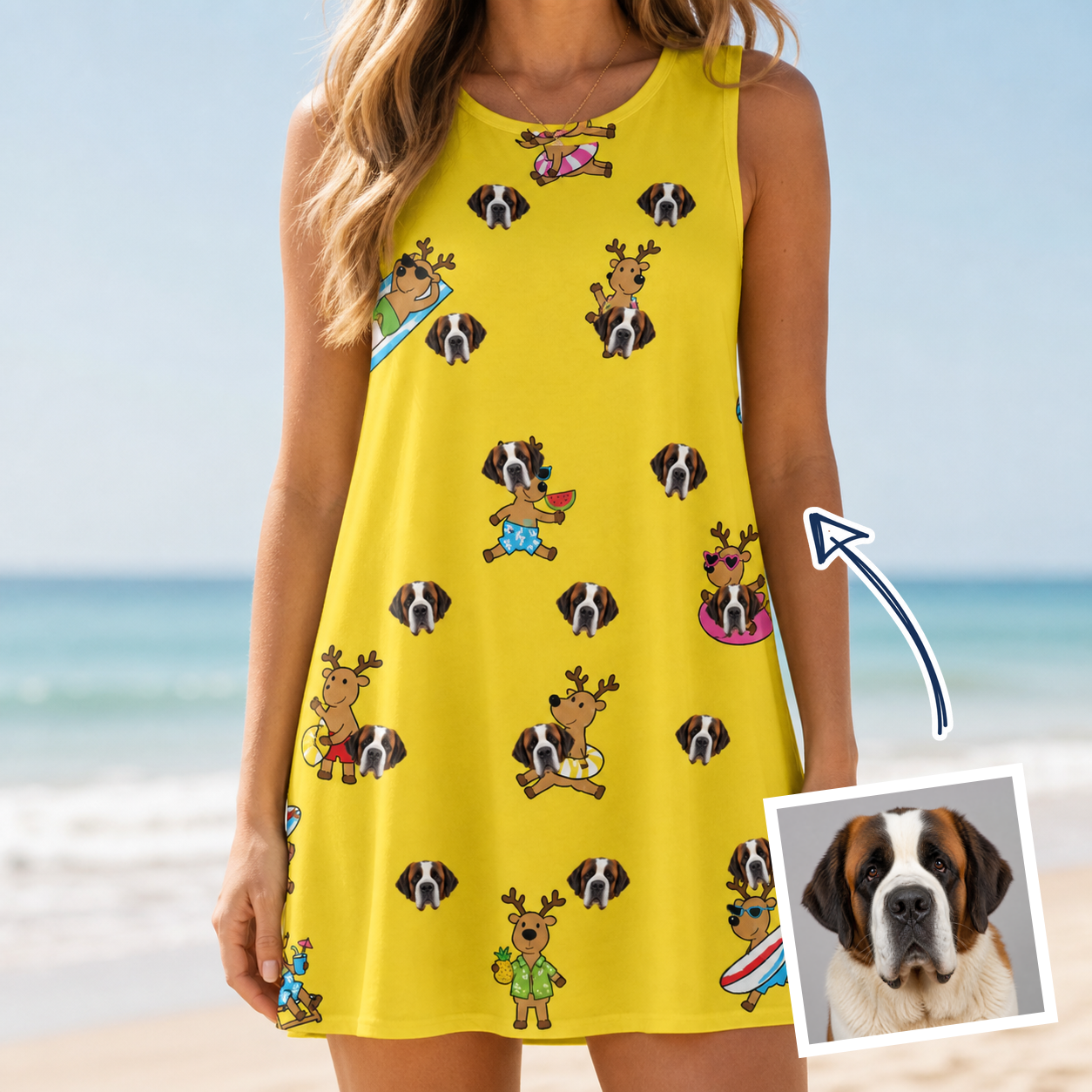 Woman wearing Women's Antler Antics Custom Dog Face Tank Dress — custom faces printed all-over