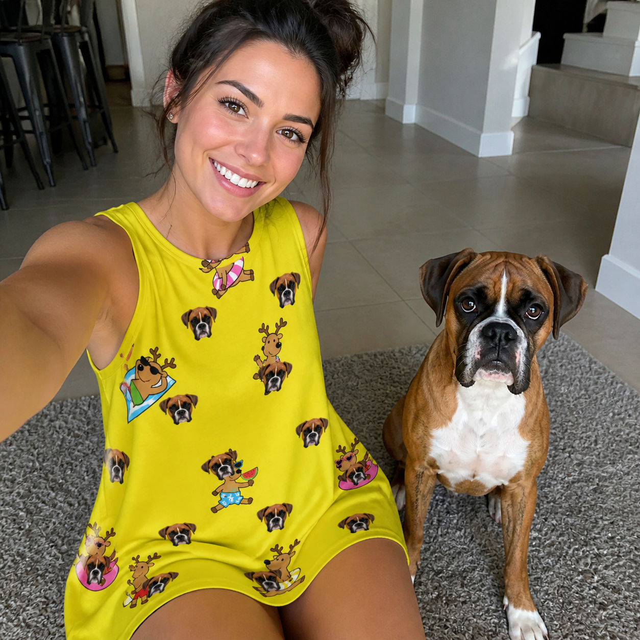 Selfie with the pet whose face is printed all over this Women's Antler Antics Custom Dog Face Tank Dress