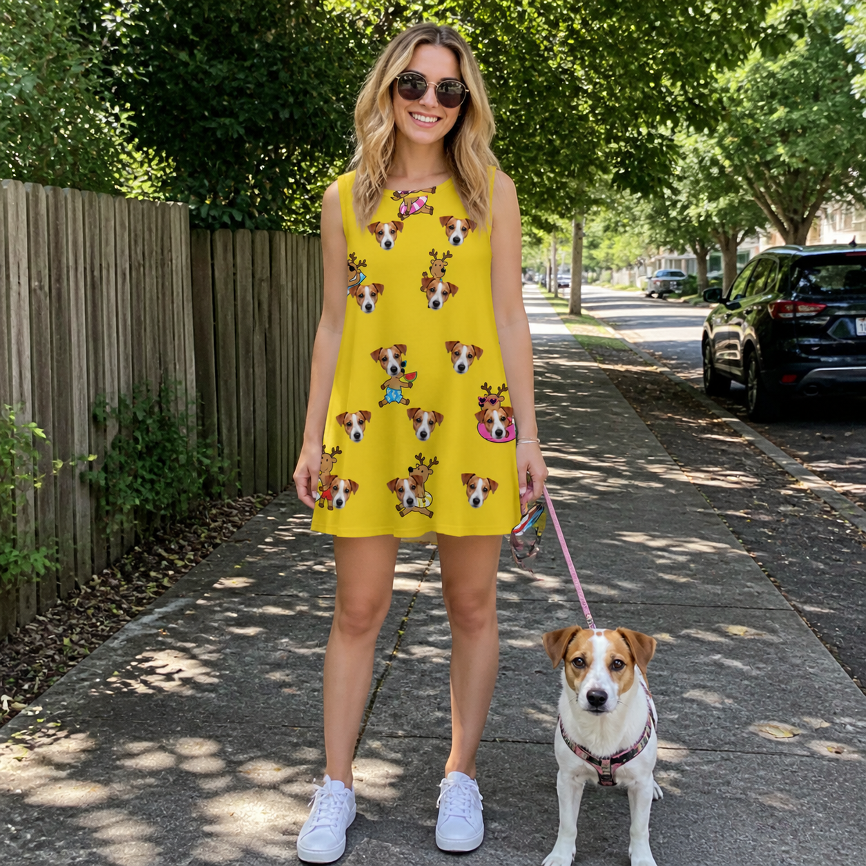 Full-length photo with the pet printed all over this Women's Antler Antics Custom Dog Face Tank Dress