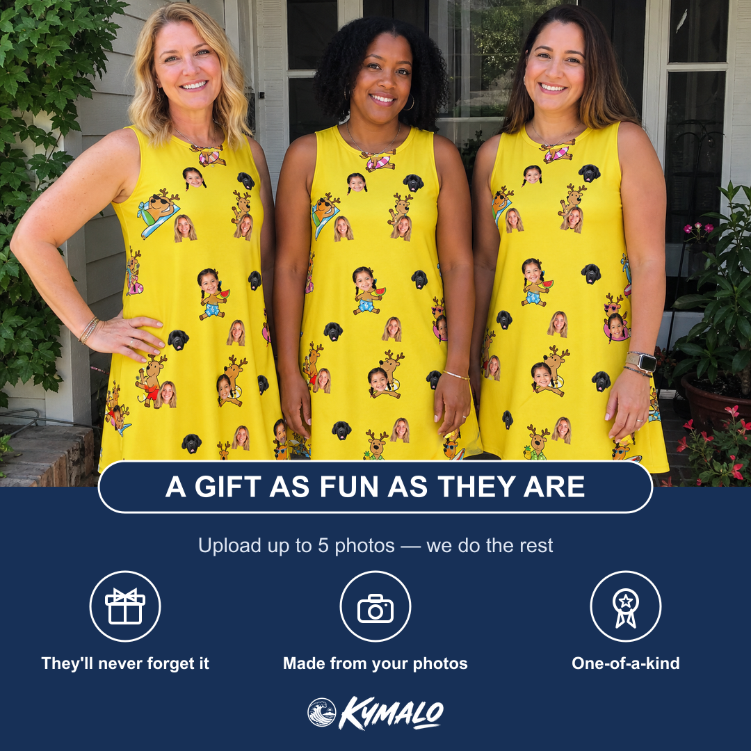 Friends in matching Women's Antler Antics Custom Face Tank Dress — a group gift photo