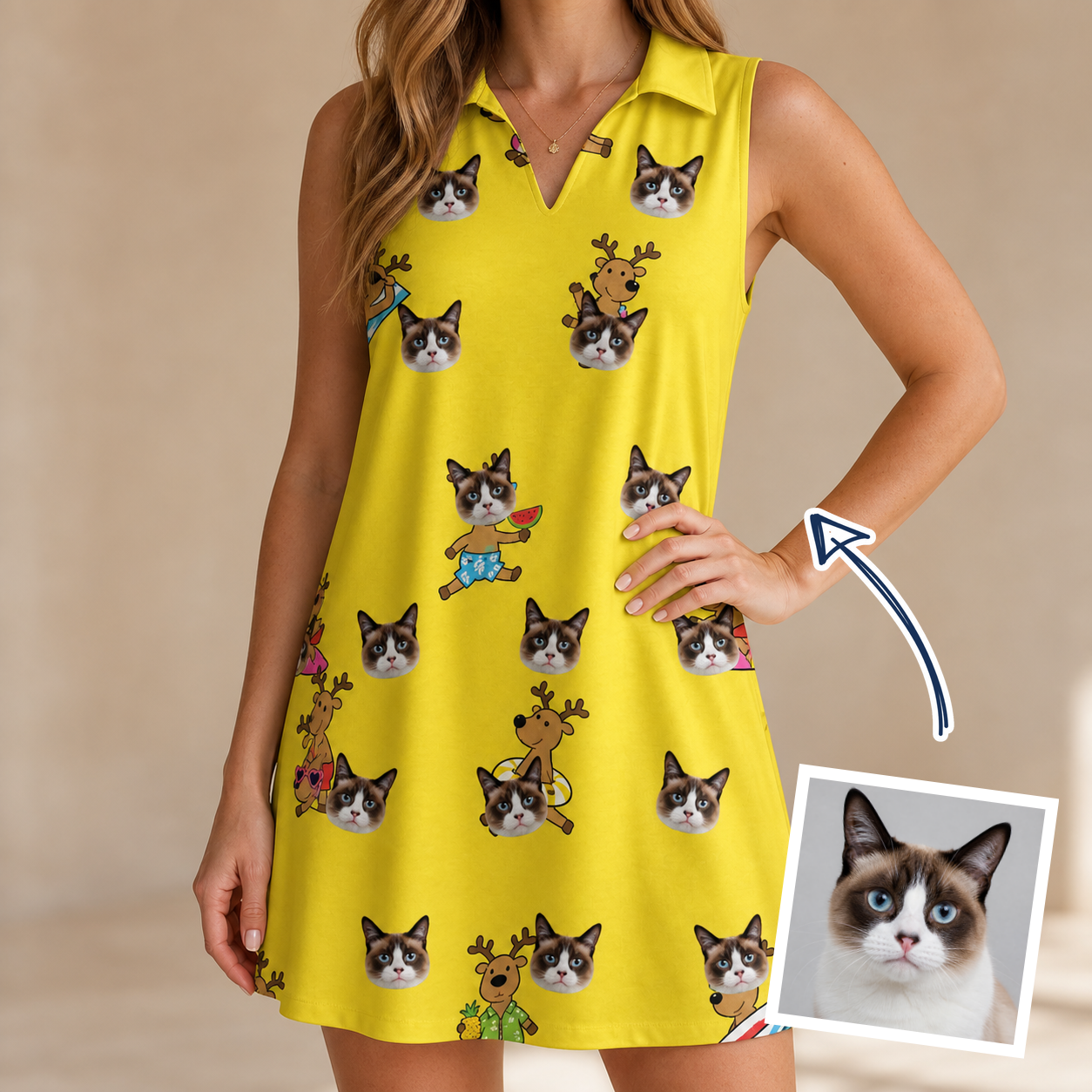 Woman wearing Women's Antler Antics Custom Cat Face V-Neck Dress — custom faces printed all-over