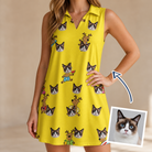 Woman wearing Women's Antler Antics Custom Cat Face V-Neck Dress — custom faces printed all-over