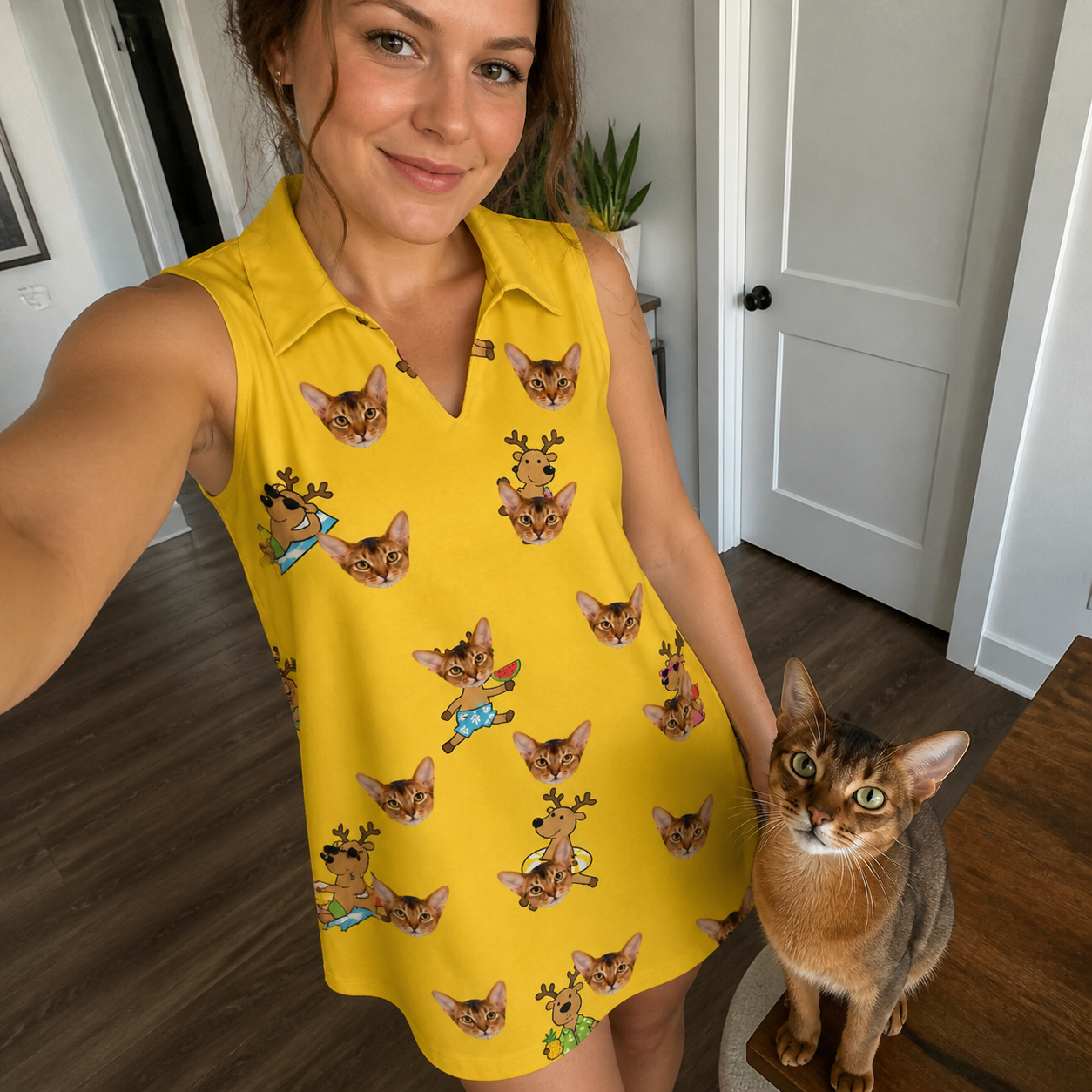 Selfie with the pet whose face is printed all over this Women's Antler Antics Custom Cat Face V-Neck Dress