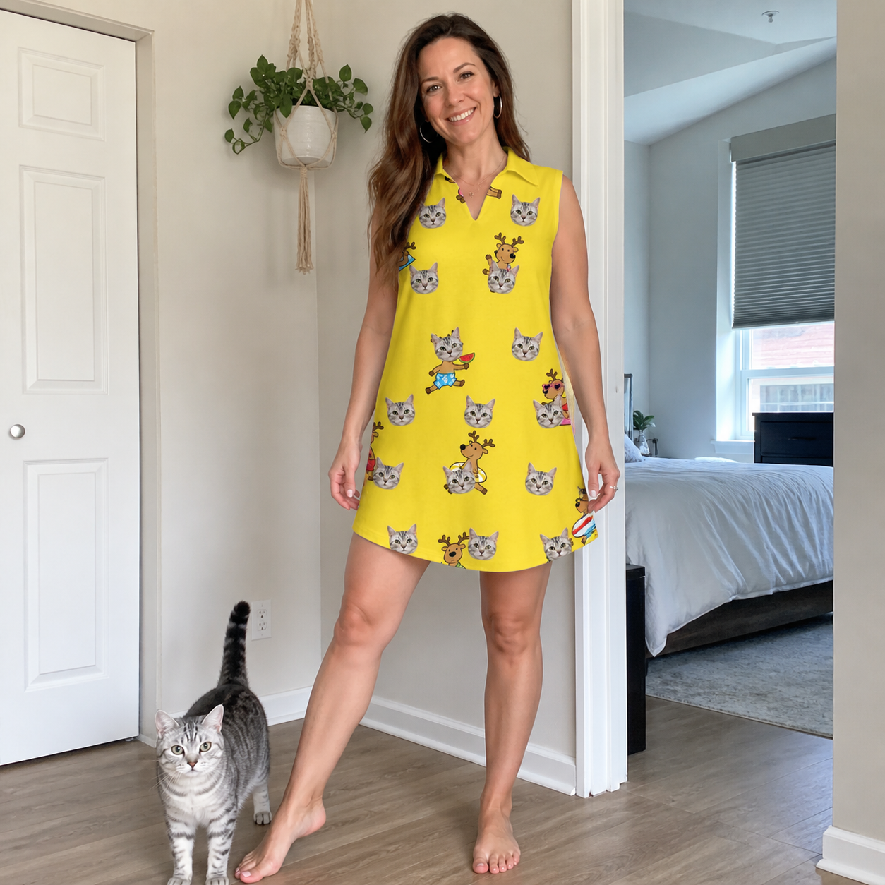 Full-length photo with the pet printed all over this Women's Antler Antics Custom Cat Face V-Neck Dress