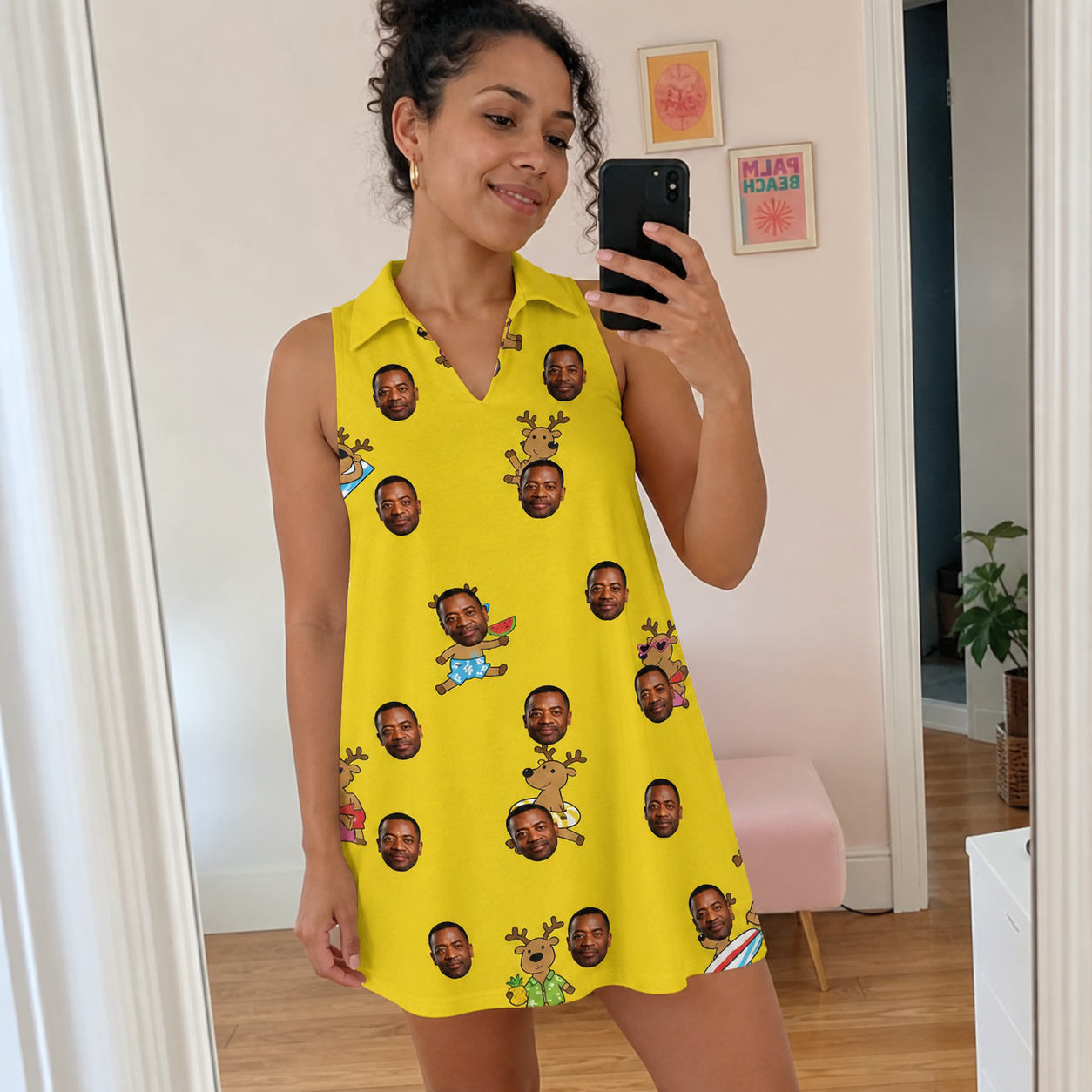 Real-life photo of someone wearing Women's Antler Antics Custom Face V-Neck Dress — custom faces printed all-over