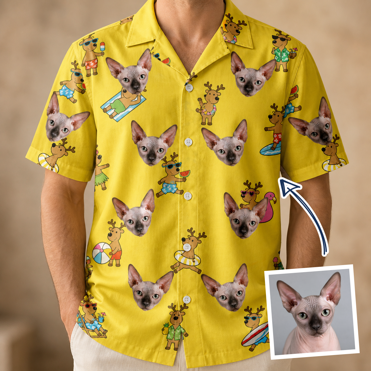 Man wearing Men's Antler Antics Custom Cat Face Hawaiian Shirt — custom faces printed all-over