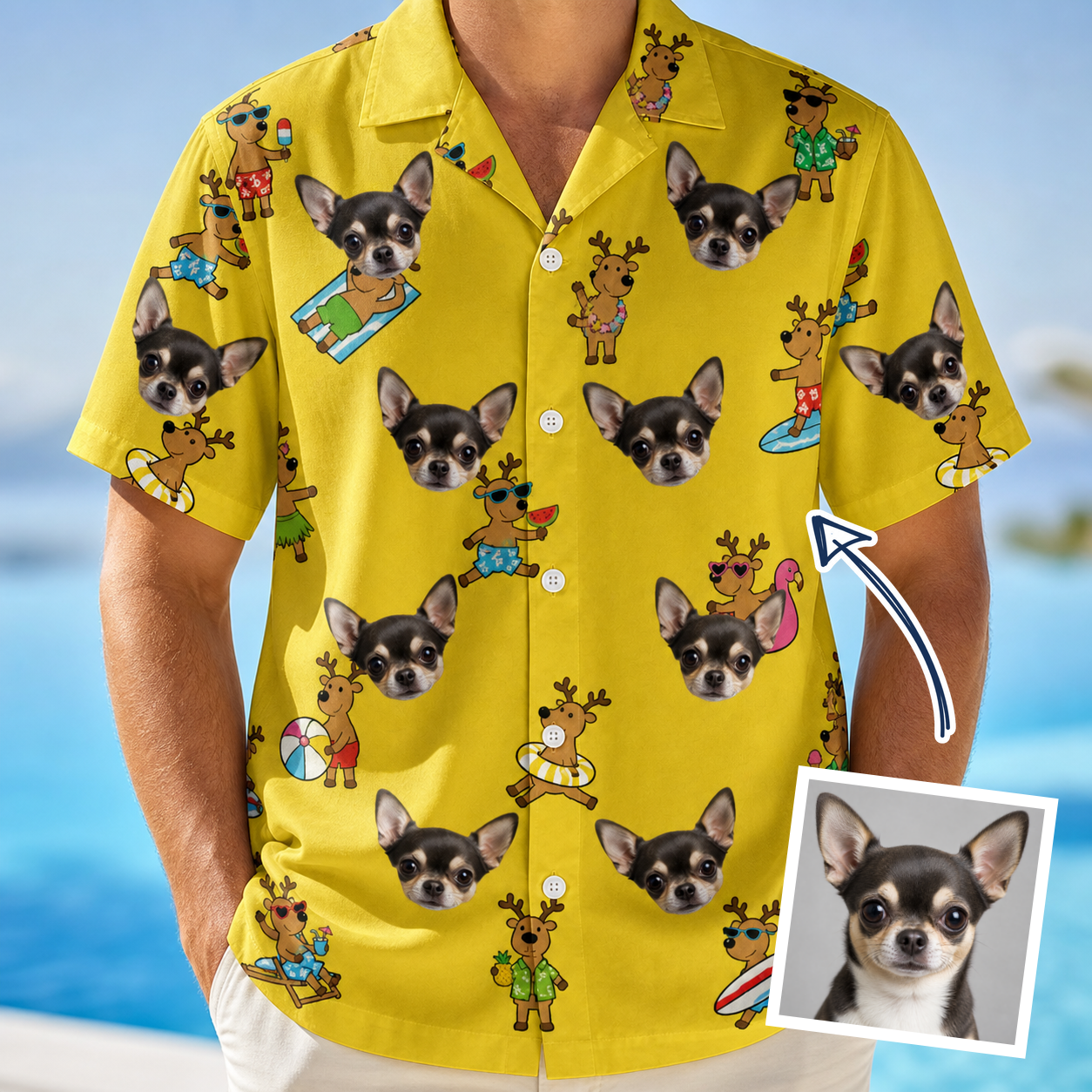 Man wearing Men's Antler Antics Custom Dog Face Hawaiian Shirt — custom faces printed all-over