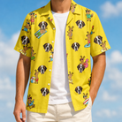 Man wearing Men's Antler Antics Custom Dog Face Hawaiian Shirt open over a white tee