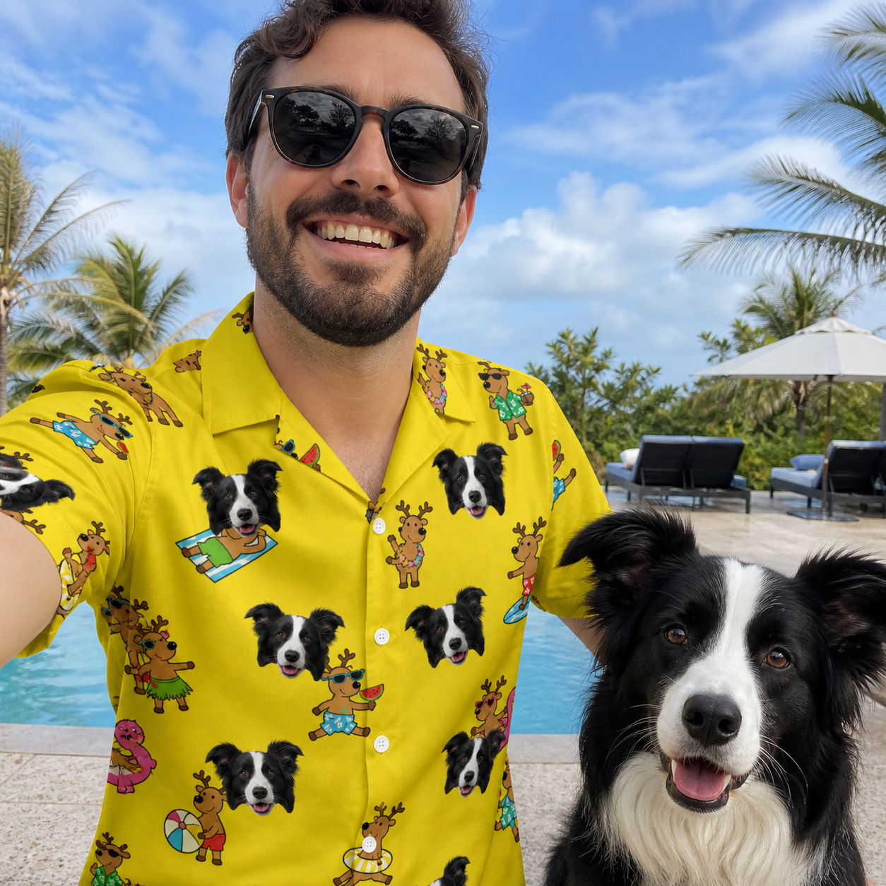 Selfie with the pet whose face is printed all over this Men's Antler Antics Custom Dog Face Hawaiian Shirt